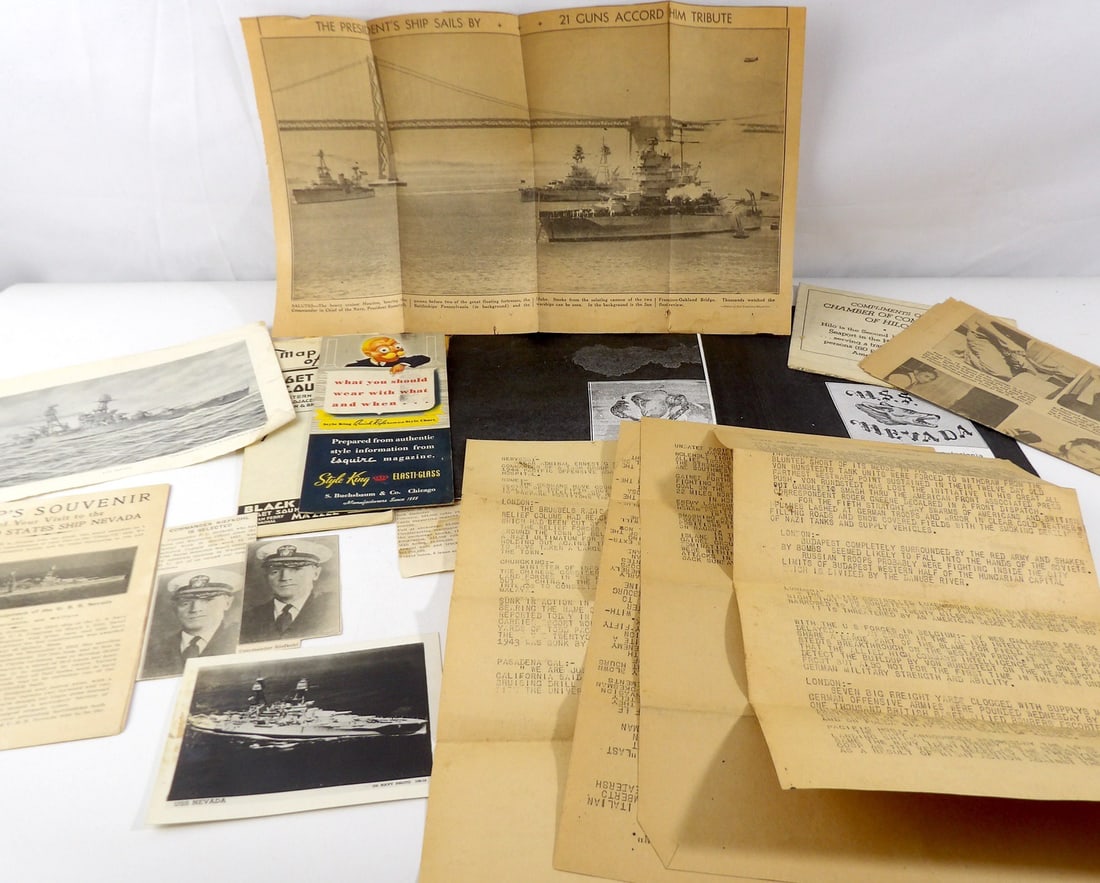 WW2 WWII USS Nevada Radio Press News Grouping: Include Original Radio Press News Tickers from USS Nevada and the Mighty M