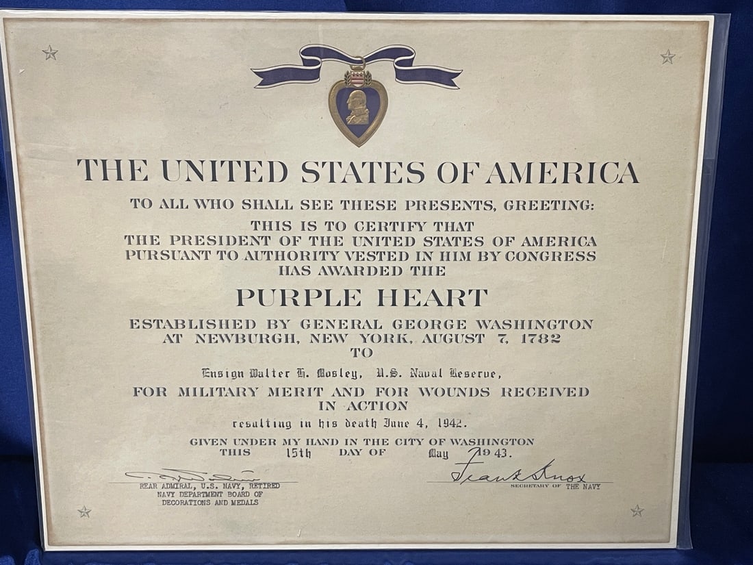 WWII USN Purple Heart Certificate for Midway - June 4, 1942 - Naval Aviator (1 of 1)