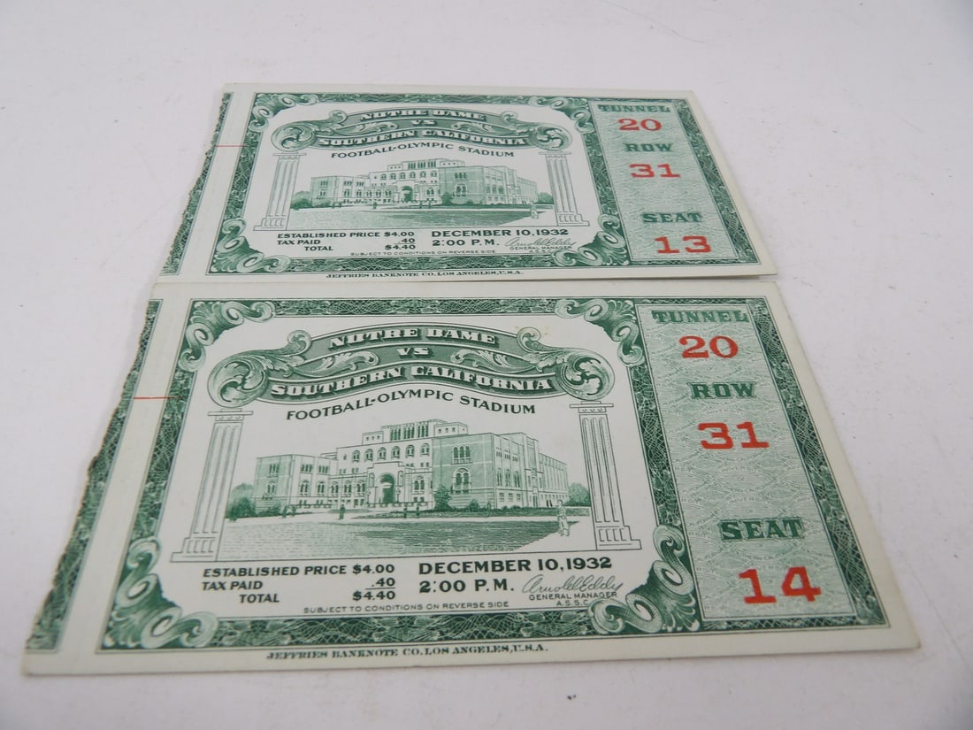 Original 1932 Notre Dame vs. University Southern California Tickets: As shown