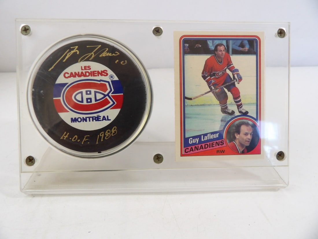 Guy Lafleur Autographed Hockey Puck and Trading Card: Montreal Canadians Legend. Inscribed Hof 1988.