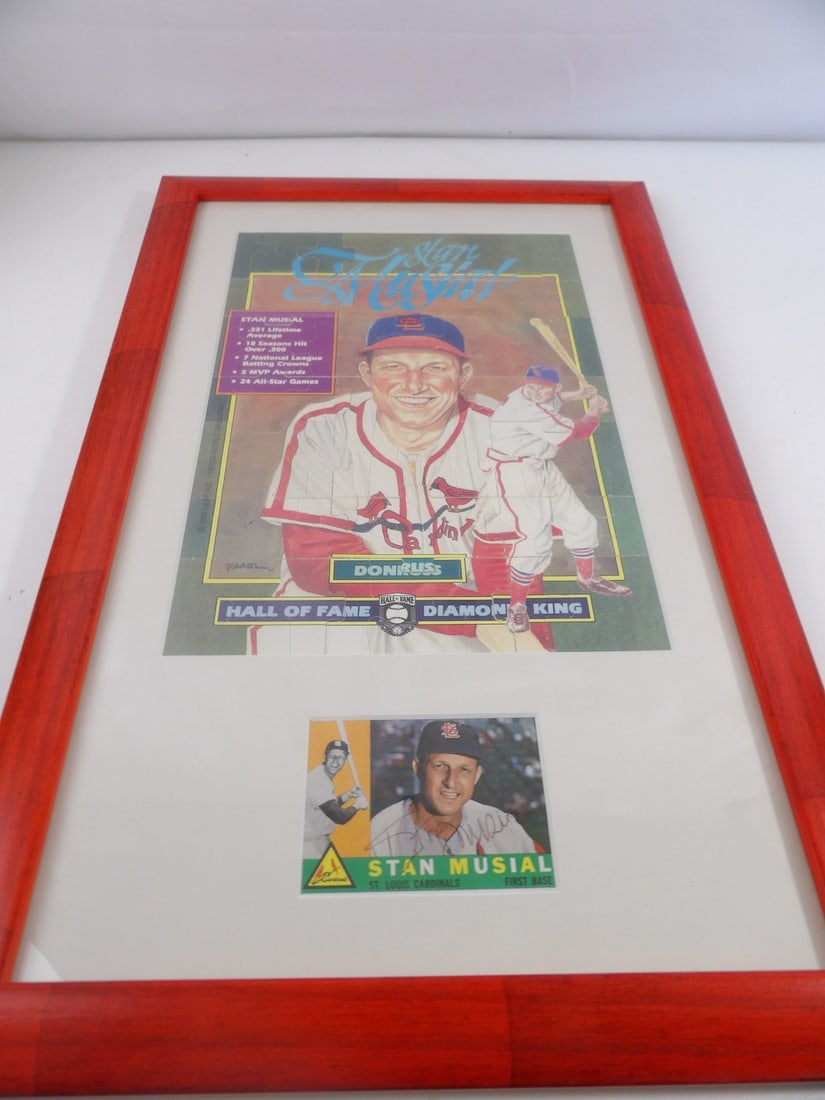 Stan Musial Framed Autographed Card and puzzle picture: Frame measures roughly 12"x18".