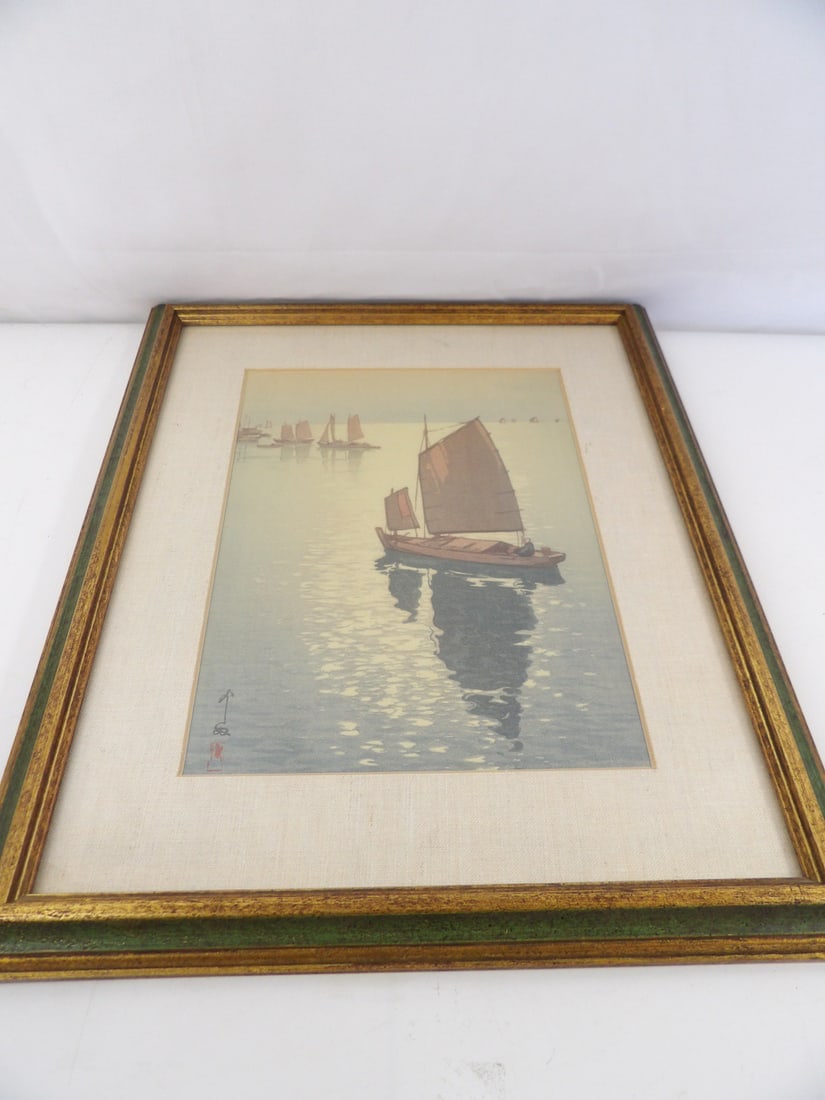 Vintage yoshida hirosho Japanese "Calm Wind" Color wood block print (1 of 5)