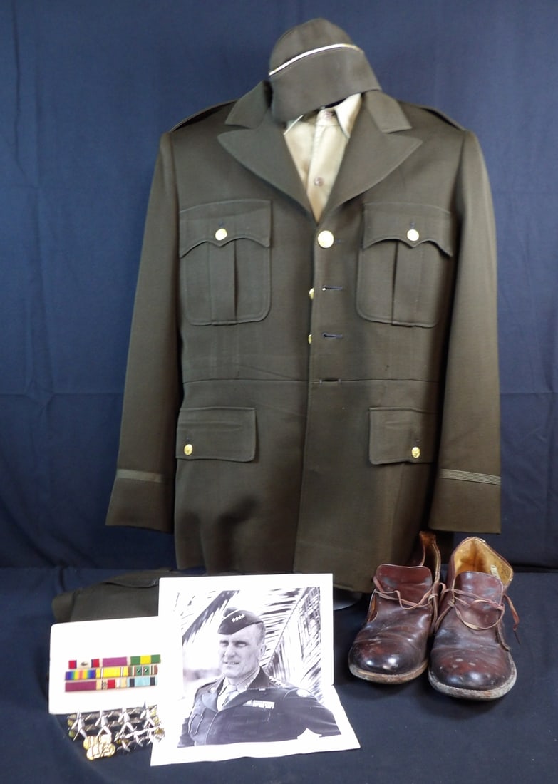 Original Robert Duvall screen worn uniform for the 1979 TV miniseries Ike: The war years: Grouping consists of period correct WW2 4 pocket officers jacket, undershirt, garrison cap, and shoes. Shoes show signs of wear and will need a good cleaning. All pieces are labeled and named to Duval