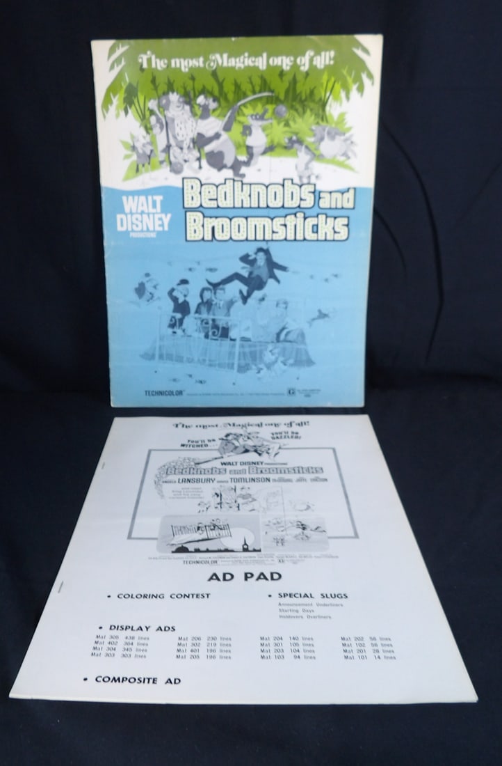 Walt disney's Bedknobs and Broomsticks Movie Screening Press kit and ad slick: Promo magazine does show edge wear. Fold crease present on both pieces