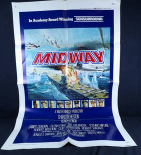 Original 1976 Movie poster for the WW2 inspired movie Midway: Starring Charlton Heston, Henry Fonda and Robert Wagner. Slight wear along fold lines. Numbered 76/116. Pinholes present on top and roughly 27"x 40"