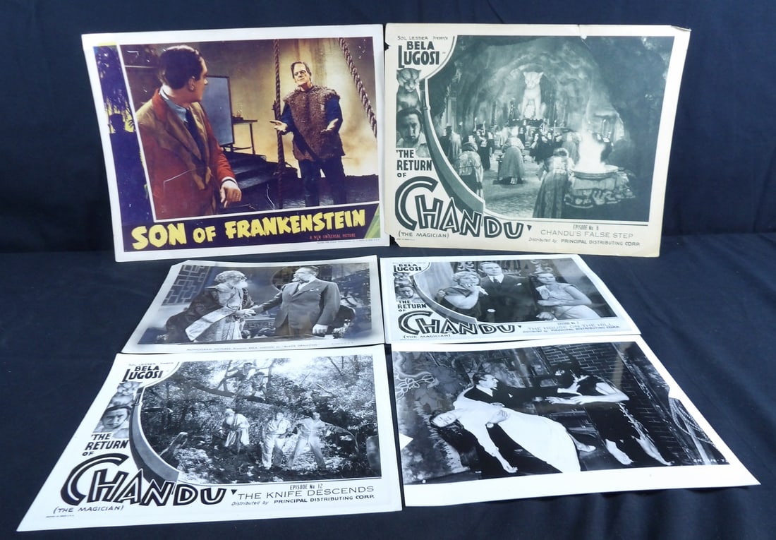 Vintage lot of horror movie lobby cards and press kit photos: Please note Son of Frankenstein does feel to be an older copy of picture paper. Chandu lobby card does have tears and holes