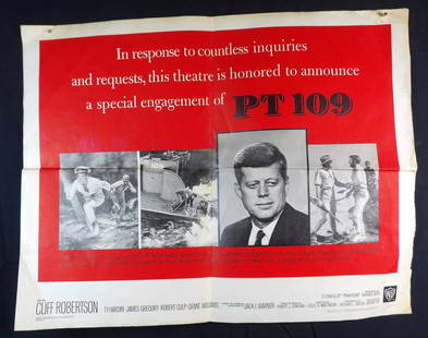 Original 1964 Half Sheet movie poster for PT 109 the John Kennedy Story: Please note edge wear, stains and creases present. Numbered 63/116.