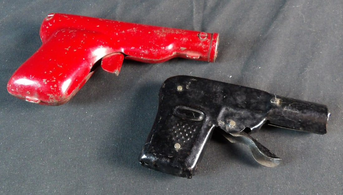 Vintage Press Tin Toy Gun Lot: Red is 5", black is 4"