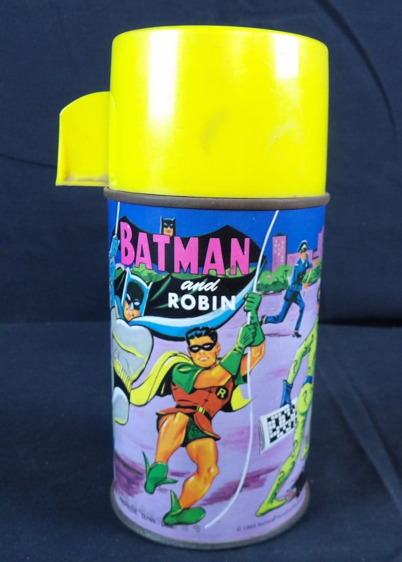 1966 Aladdin industries Batman and Robin Metal Thermos and cup: Incredible Exterior Graphics. Rust is present on interior of thermos