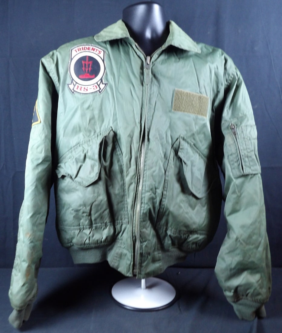 Vietnam War HS-3 I-2B Flight Jacket: Anit Sub Helicopter tridents HS-3 Patch and F14 tomcat on shoulder. Staining on arms and holes may be present. Zipper function properly