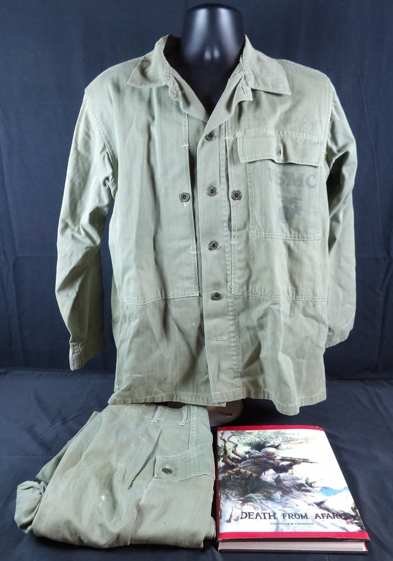 Hand painted USMC P44 HBT Uniform. Named to Bronze star winner George G. Pendas: Korean war Bronze Star winner. Capt Pendas was awarded the bronze star for knocking out an enemy machine gun nest and being wounded in the process. Served with 3rd Battalion, 1st Marines. Received his