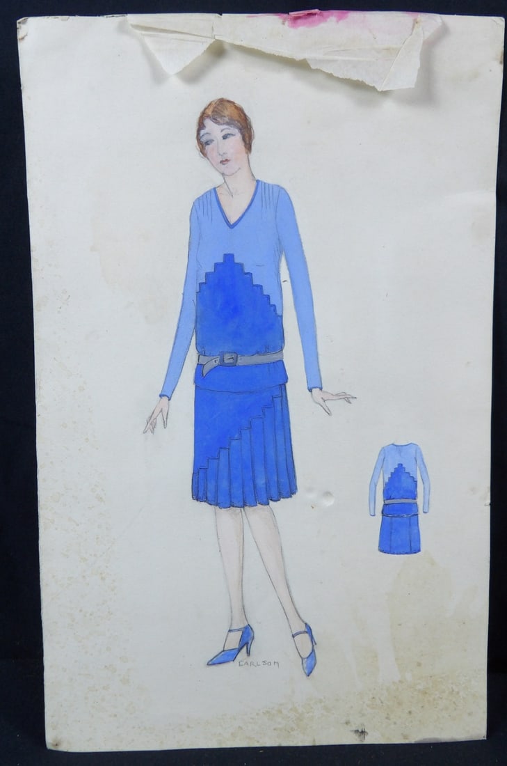 Original multi-media costume sketch or dress design: Staining and rough edges present. Indent on paper next to right side of dress. Roughly 7" x 11".