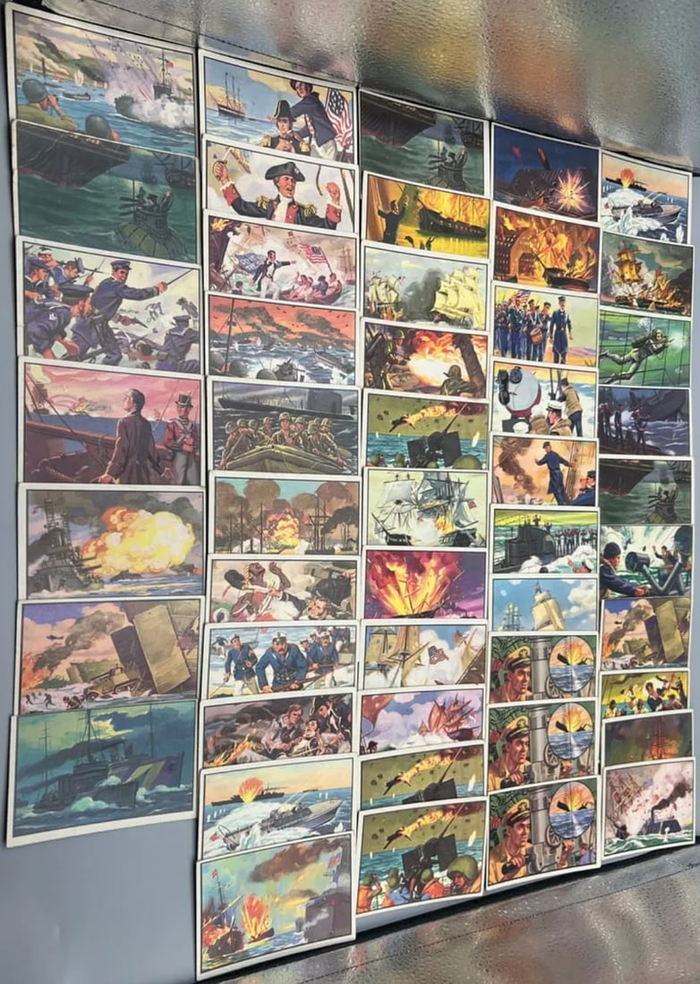Forty-nine 49 Bowman U.S. Navy Victories Trading Cards: 1954, varied condition