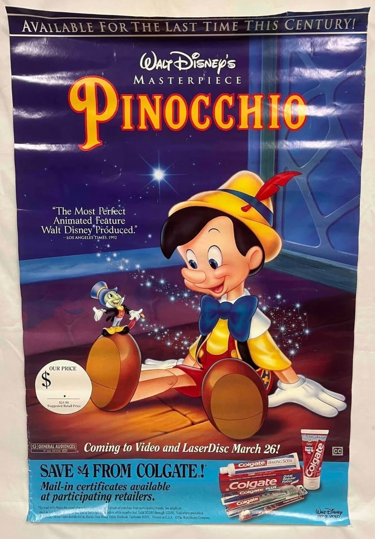 Disney's Masterpiece Pinocchio Coming To Video and Laser Disc Poster (1 of 1)