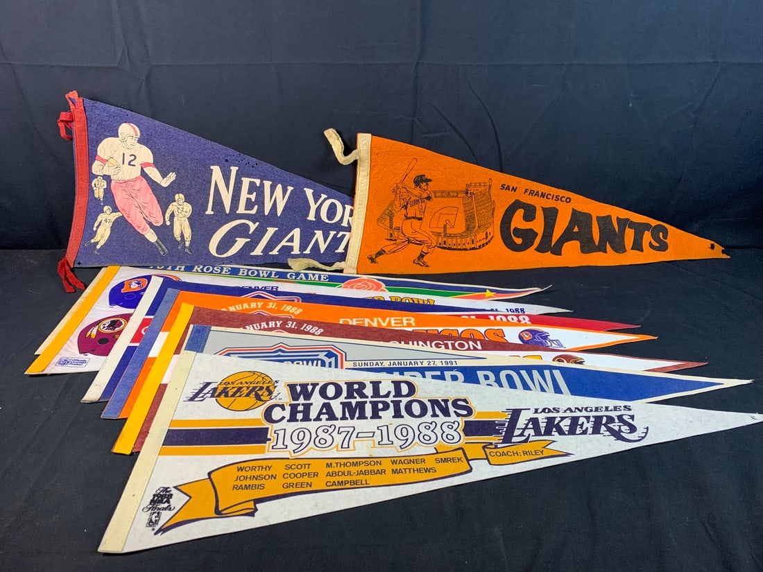 Mixed lot of vintage sport pennants: Features early wool Ny Giants football and Early SF Giants Baseball. Both with moth damage and tears. Lot of 9 pennants
