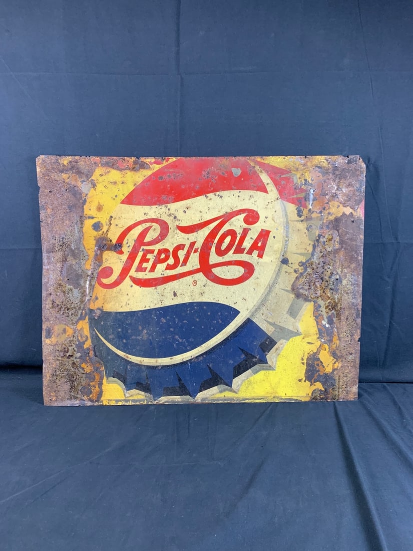 Original 1940's Pepsi Cola Metal Advertising Sign: Look at all photos for condition. Displays well. Roughly 27"x20"