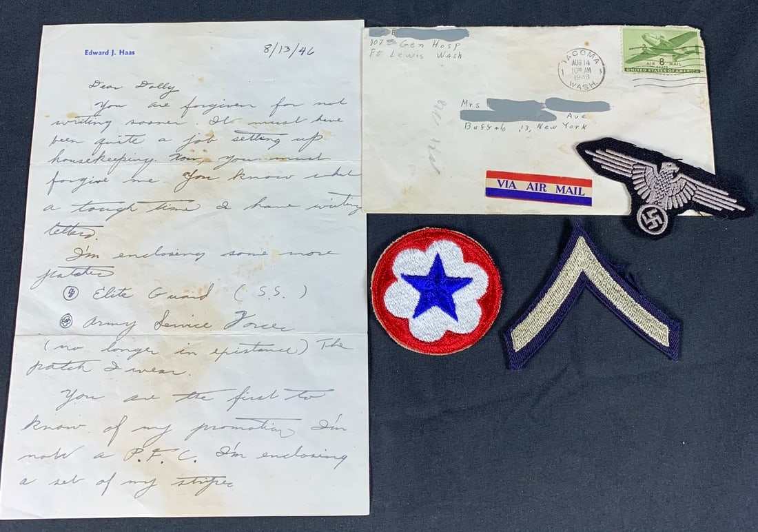 Named WW2 WWII soldier's letter home with original German Waffen SS sleeve patch: Dated 1946 during Occupation. Named to Edward J. Haas