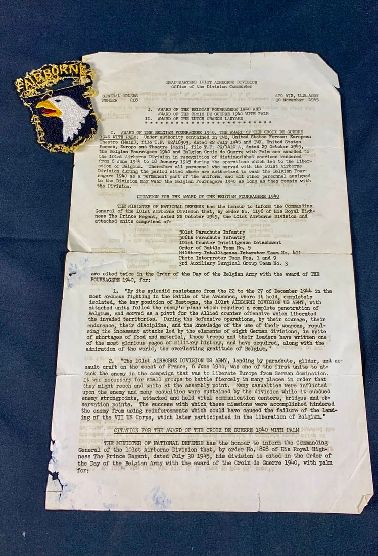 WW2 WWII 101st Airborne Division General Orders and Patch Group (1 of 8)
