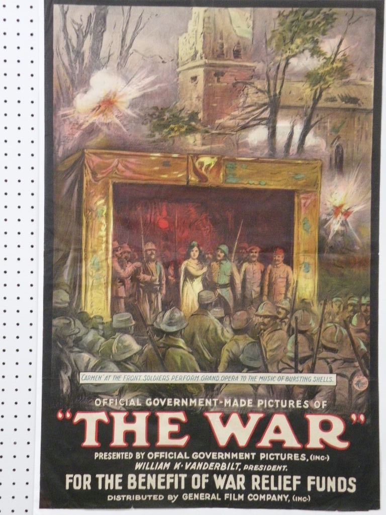1916 Film Poster Showing Scenes in France. Very popular with Viewing Audiances.: Extremely Rare 1916 War Film Poster, distributed by William K. Vanderbilt. 20 x30 inches. Repair to corner. Only one of these I have ever seen or heard of.