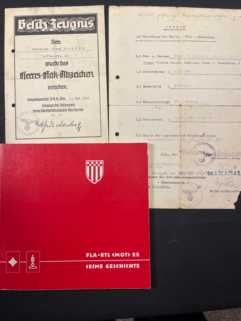 WWII Rare German Posthumous Army Flak Combat Badge Document Group (1 of 1)