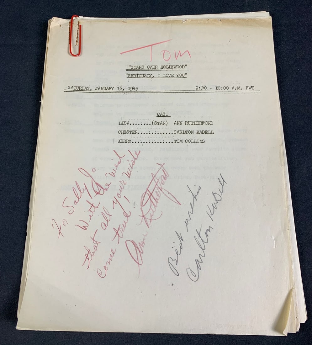 Original Ann Rutherford and Carlton kadell Signed "Stars over hollywood" radio program script (1 of 11)