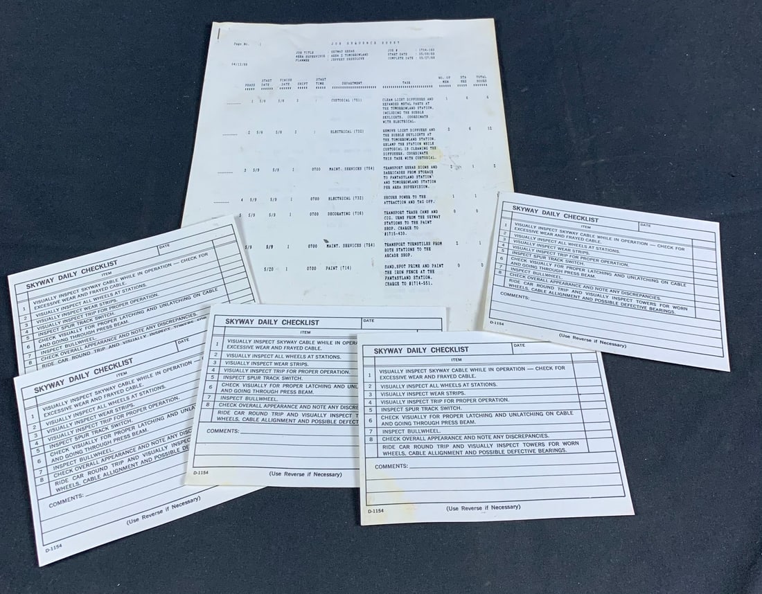 Original lot of Disneyland Skyway Maintenance charts and rehab paperwork: From the estate of long time disney employee