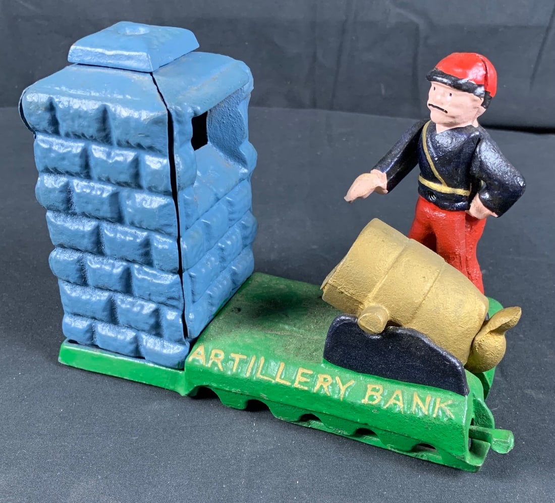 Vintage MGM Grand Hotel Gift Shop Iron artillery Cannon Bank: Please note cannon lever works but spring may need to be replaced down the road. Minor paint loss. 3"x6"