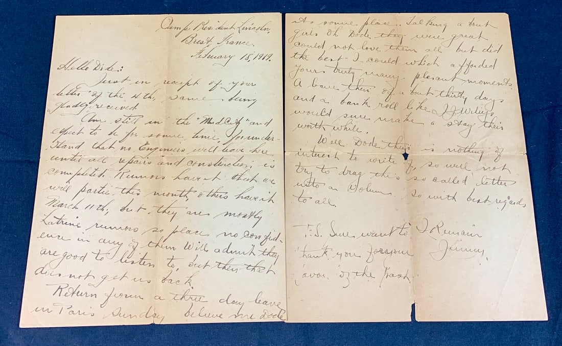 WW1 WWI Handwritten letter from soldier at Camp President Lincoln in Brest France (1 of 7)