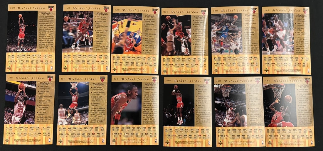 Upper Deck RARE Michael Jordan Big Gold Set Of Twelve 1985-1997 Cards (1 of 2)