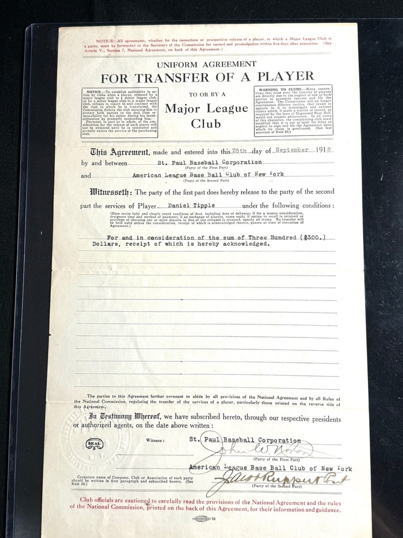 RARE 1918 NY Yankees Jacob Ruppert Signed Baseball Contract - PSA / DNA (1 of 6)