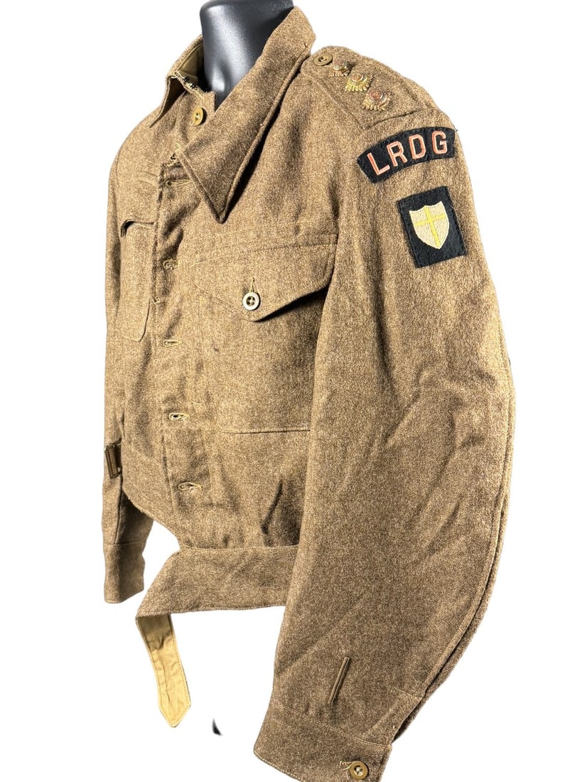 WWII Long Range Desert Group Battle Dress Jacket: Dated 1944, but likely a later representation of what would be an exceptionally rare uniform. Sold as a reenactment piece.