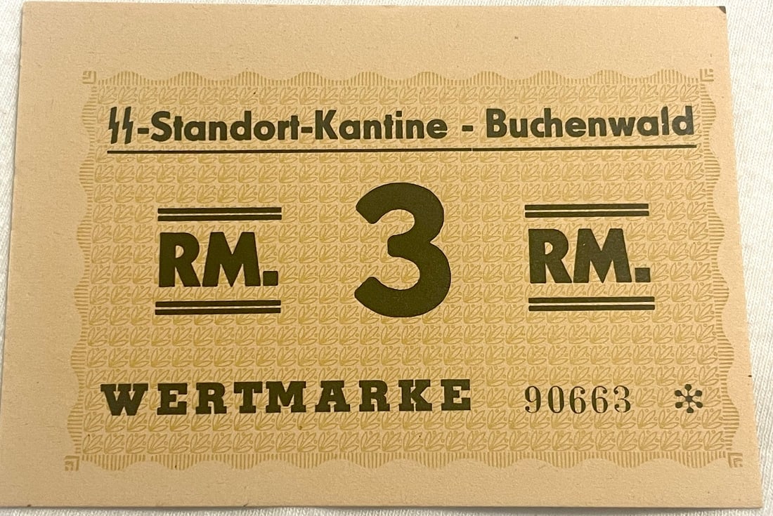 Extremely Rare Three Reichsmark Note of SS Issued Death Camp Script from Buchenwald (1 of 2)