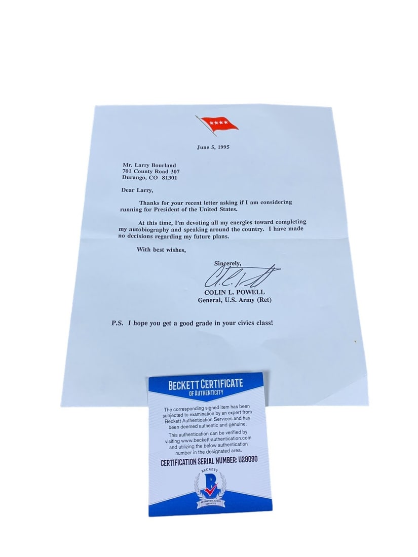 Beckett Certified Authentic General Colin L Powell Autographed Letter. (1 of 2)