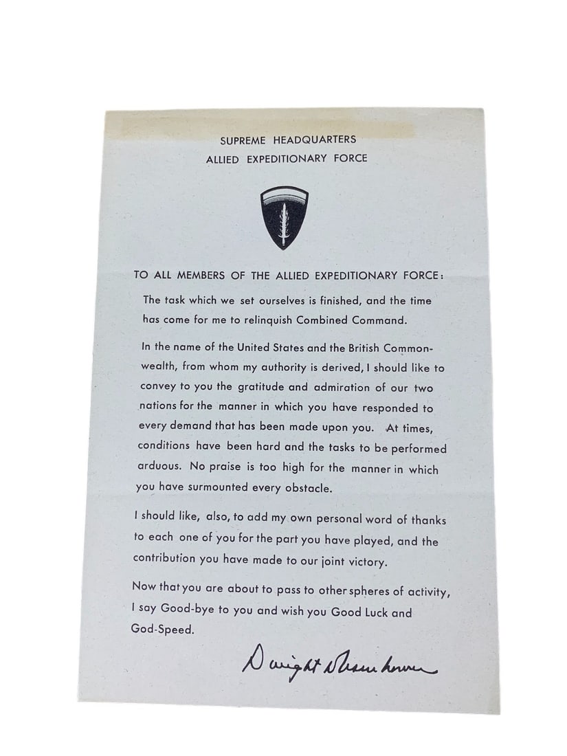 Original WW2 WWII Ike's Letter of the Day- The End of the war in Europe Letter. Original letter of: Measures 6" x 9". Has the proper 3 fold marks. Does have discoloration on top of letter
