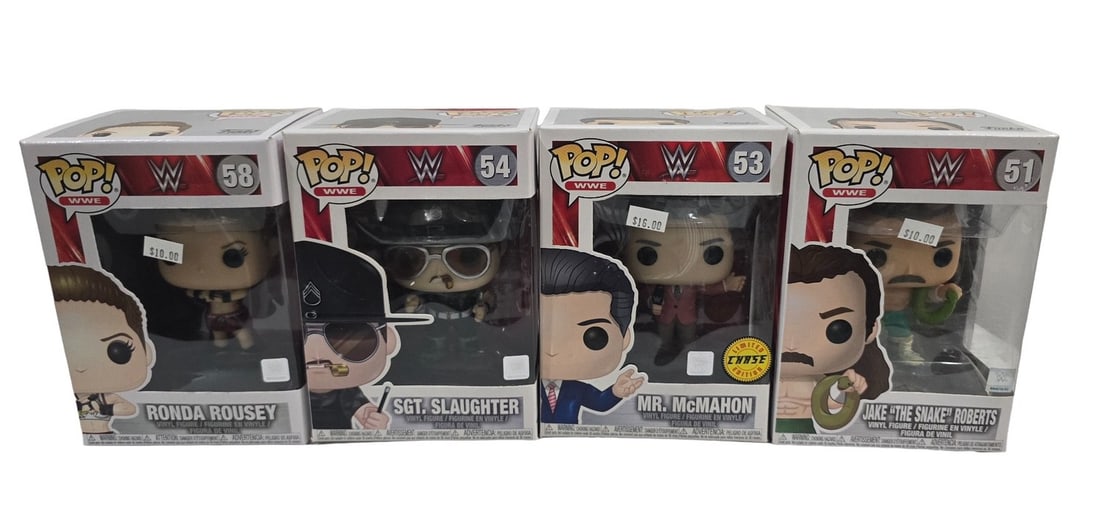 Funko Pop Lot WWE 58 54 53 51 Rousey Slaughter McMahon Roberts: These Funko Pops come from a traveling Toy Shop. Prior owner stopped running shop in 2020. These have been sitting in seperated cardboard boxes. Most ALL are in good to great shape. Please see photos 