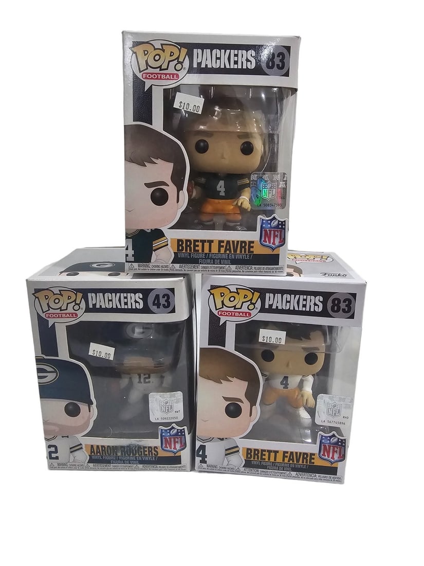 Funko Pop Lot Football Packers Farve 83 X2 Rogers 43: These Funko Pops come from a traveling Toy Shop. Prior owner stopped running shop in 2020. These have been sitting in seperated cardboard boxes. Most ALL are in good to great shape. Please see photos 