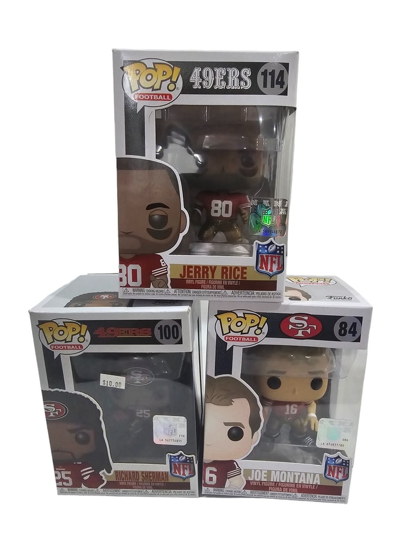 Funko Pop Lot Football 49ers Rice 114 Sherman 100 Montana 84: These Funko Pops come from a traveling Toy Shop. Prior owner stopped running shop in 2020. These have been sitting in seperated cardboard boxes. Most ALL are in good to great shape. Please see photos 