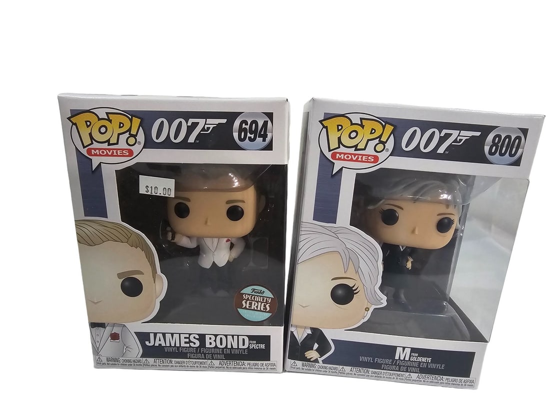 Funko Pop Lot 007 James Bond 694 M 800: These Funko Pops come from a traveling Toy Shop. Prior owner stopped running shop in 2020. These have been sitting in seperated cardboard boxes. Most ALL are in good to great shape. Please see photos