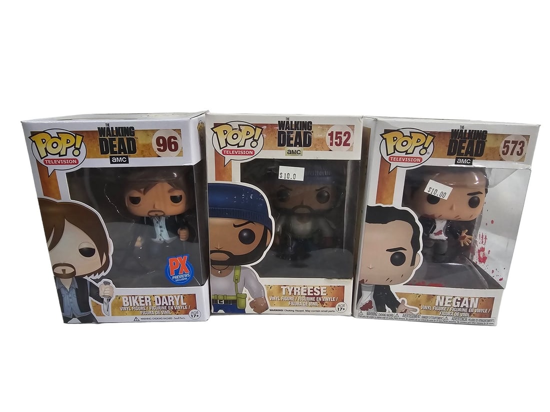 Funko Pop Lot Walking Dead AMC 96 152 573: These Funko Pops come from a traveling Toy Shop. Prior owner stopped running shop in 2020. These have been sitting in seperated cardboard boxes. Most ALL are in good to great shape. Please see photos 