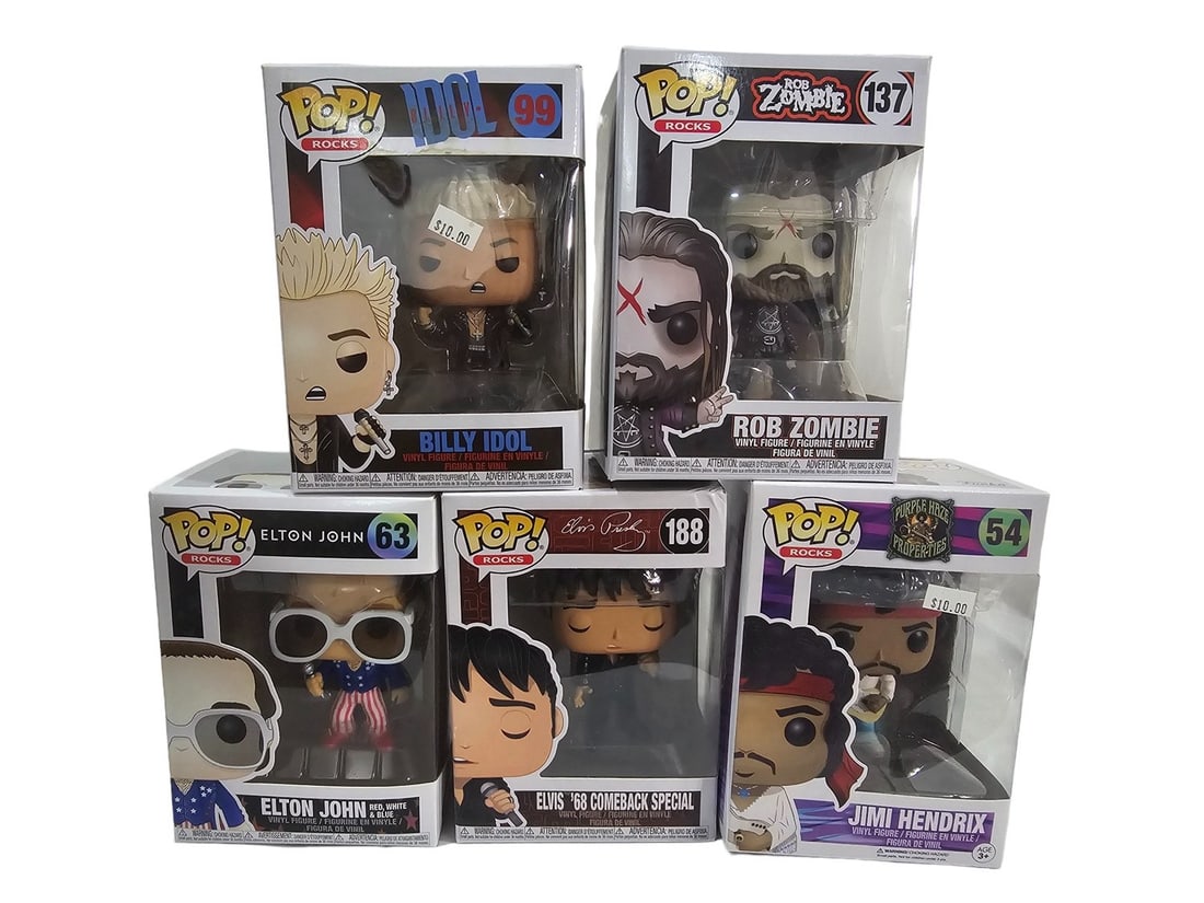 Funko Pop Lot Singers Idol 99 Zombie 137 Elton 63 Elvis 188 Hendrix 54: These Funko Pops come from a traveling Toy Shop. Prior owner stopped running shop in 2020. These have been sitting in seperated cardboard boxes. Most ALL are in good to great shape. Please see photos 
