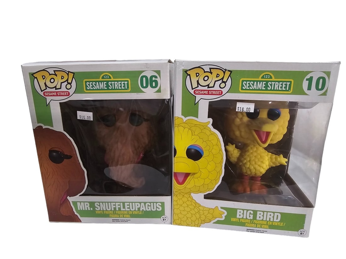 Funko Pop LARGE RARE BIG BIRD 10 & SNUFFLEUPAGUS 06: These Funko Pops come from a traveling Toy Shop. Prior owner stopped running shop in 2020. These have been sitting in seperated cardboard boxes. Most ALL are in good to great shape. Please see photos 