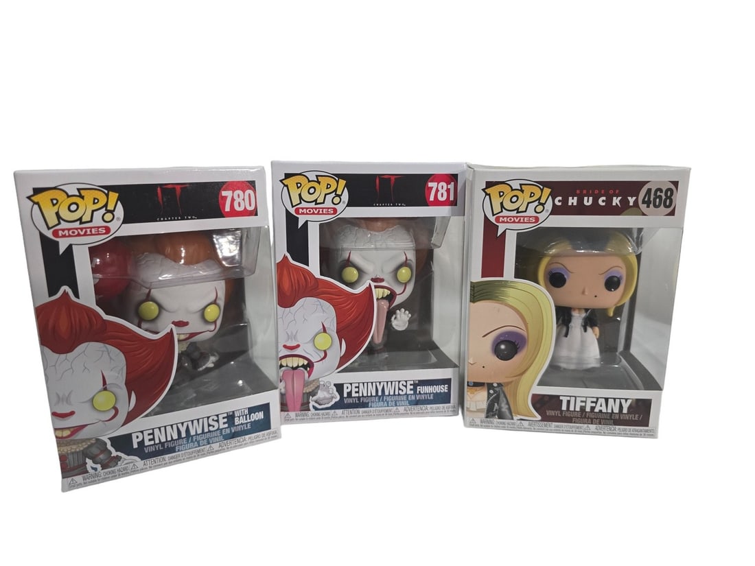 Funko Pop Lot IT Pennywise 780 & 781 Chucky Tiffany 468: These Funko Pops come from a traveling Toy Shop. Prior owner stopped running shop in 2020. These have been sitting in seperated cardboard boxes. Most ALL are in good to great shape. Please see photos 