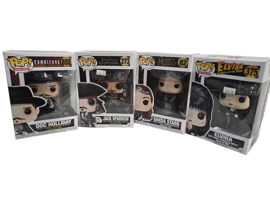 Funko Pop Lot Tombstone Holliday 852 Pirates Jack Sparrow 273 Game of Thrones Sansa 82 and Elvira: These Funko Pops come from a traveling Toy Shop. Prior owner stopped running shop in 2020. These have been sitting in seperated cardboard boxes. Most ALL are in good to great shape. Please see photos 