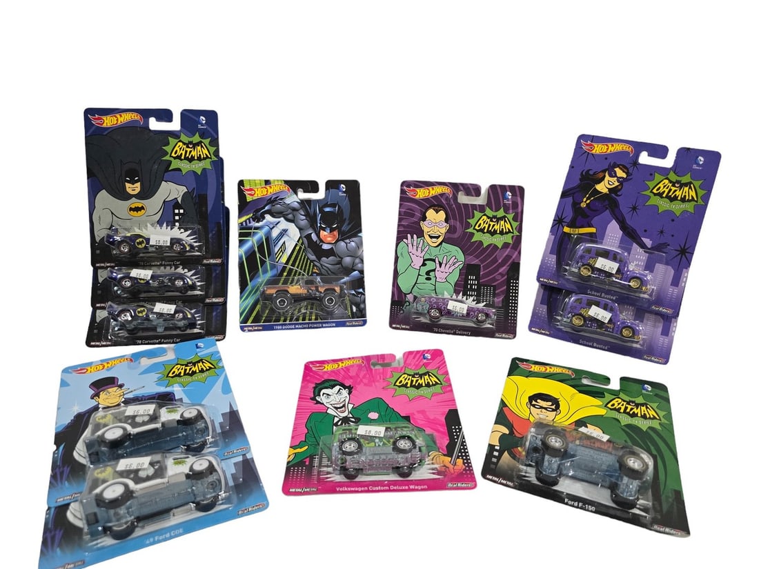 Rare hotwheels BATMAN Theme Set 10 cars included: These Toys come from a traveling Toy Shop. Prior owner stopped running shop in 2020. These have been sitting in seperated cardboard boxes. Most ALL are in good shape with a few showing log term storag