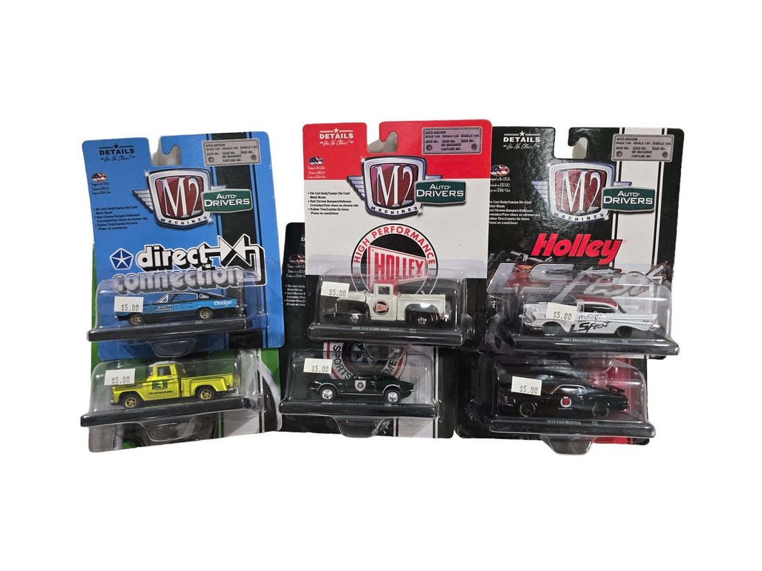 M2 Vehicle Lot 6 cars Branded lot 1: These Toys come from a traveling Toy Shop. Prior owner stopped running shop in 2020. These have been sitting in seperated cardboard boxes. Most ALL are in good shape with a few showing log term storag