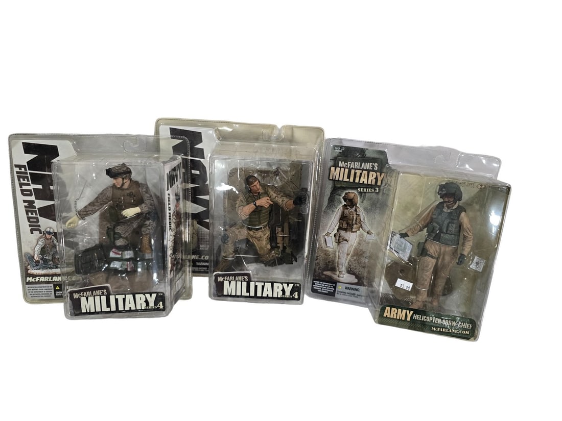 Rare McFarlanes Military 3 figures: These Toys come from a traveling Toy Shop. Prior owner stopped running shop in 2020. These have been sitting in seperated cardboard boxes. Most ALL are in good shape with a few showing log term storag