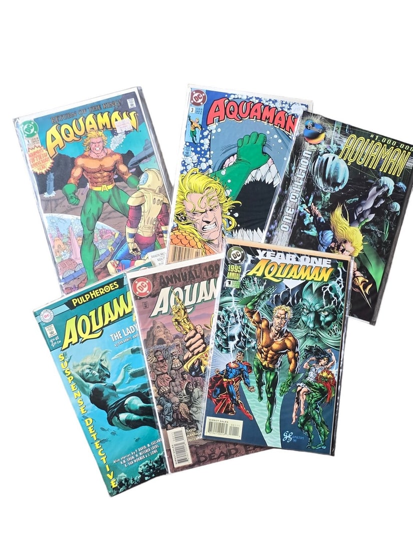 Aquaman Comics 6 total in lot: These Comics come from a traveling Toy Shop. Prior owner stopped running shop in 2020. These have been sitting in seperated cardboard boxes. Most ALL are in good /great shape. Please see photos for co