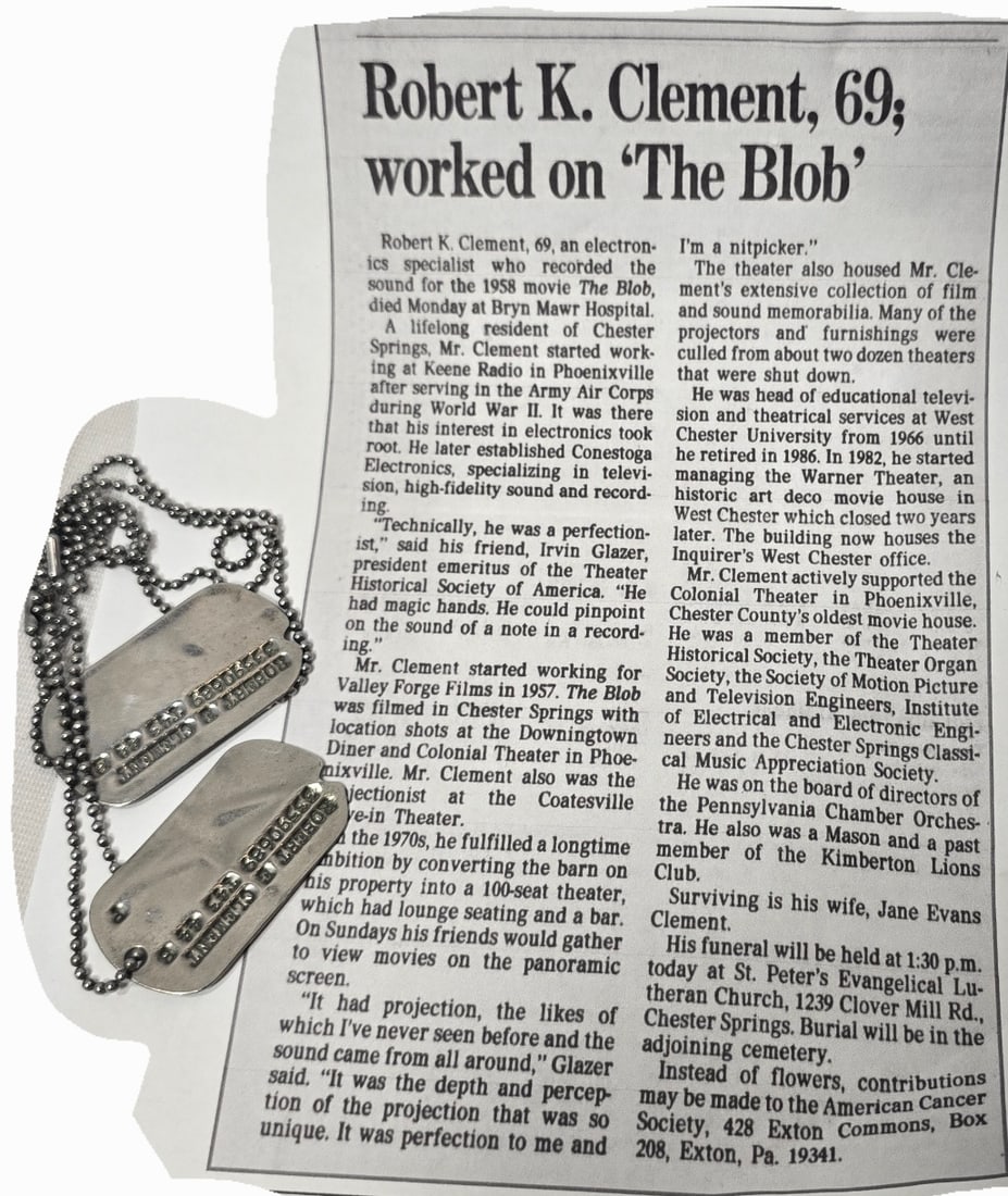 WWII Dog Tags belonging to Robert E Clement whom worked on the original film "The Blob" (1 of 2)