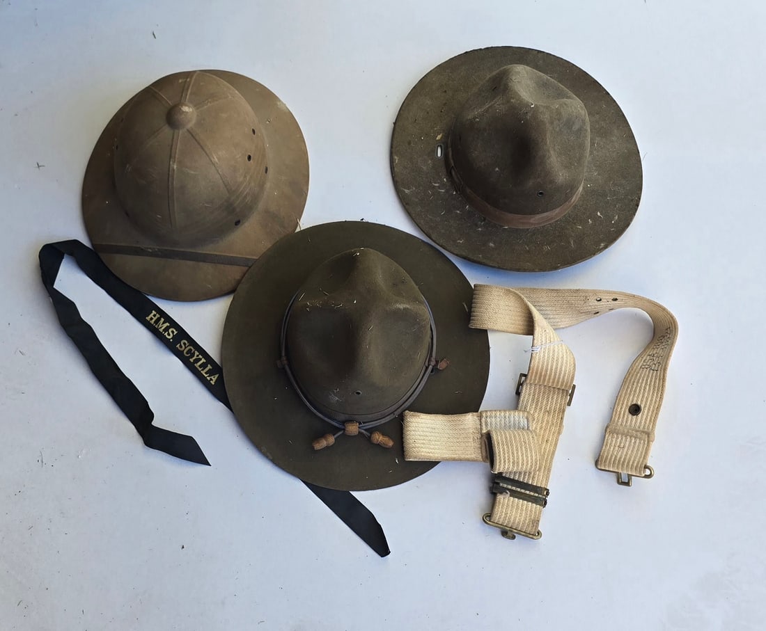 WWI- WWII Drill Hats & Pith Helmet , MP belt & USN hat ribbon (1 of 3)