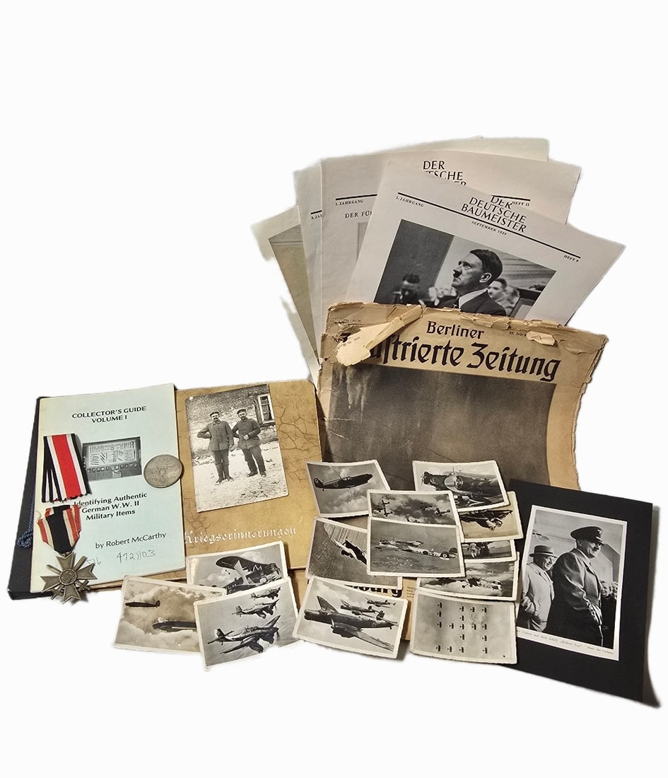 Misc German WWII items, medal, air plane ID cards, media, berliner, pages cut from german magazine, (1 of 6)